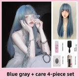 Load image into Gallery viewer, Blue and gray wig long hair Lolita subculture Qi bangs Korean girl group blue natural long straight hair full headgear