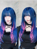 Load image into Gallery viewer, Japanese wig blue gradual change powder subculture COS high level goth JK fluffy long straight hair full head cover