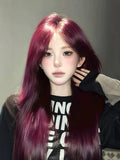 Load image into Gallery viewer, Red wig female long hair eight-character bangs long straight hair COS Internet celebrity JK natural imitation full real hair full headgear