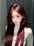Load image into Gallery viewer, Red wig female long hair eight-character bangs long straight hair COS Internet celebrity JK natural imitation full real hair full headgear
