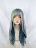 Load image into Gallery viewer, Blue highlights green highlights wig subculture y2k full headgear female pop top dye daily color Internet celebrity long straight hair