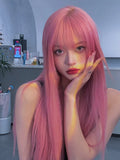Load image into Gallery viewer, New pink wig female long straight hair lolita female group jk color tide oblique bangs hairstyle full headgear