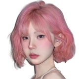Load image into Gallery viewer, Fry pink wig short hair full hood female y2k girl group pink cos babes lolita shoulder length hair curly straight hair