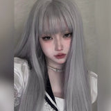 Load image into Gallery viewer, Live streaming host fog gray wig female Internet celebrity long straight hair daily lolita Japanese full head type vitality sweet cute