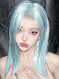 Load image into Gallery viewer, Mint blue wig female full head cover forehead lace eight-character bangs trendy long straight hair long hair universal cos