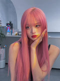 Load image into Gallery viewer, New pink wig female long straight hair lolita female group jk color tide oblique bangs hairstyle full headgear