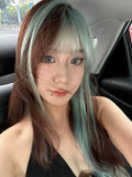 Load image into Gallery viewer, Thin wig long straight hair green gradual change black Lolita Lolita round face natural air bangs sweet and spicy wind
