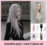 Load image into Gallery viewer, Grandma gray wig female full hood silver white medium parting long straight hair jk light gray cos universal lolita hair