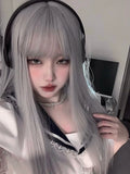 Load image into Gallery viewer, Live streaming host fog gray wig female Internet celebrity long straight hair daily lolita Japanese full head type vitality sweet cute