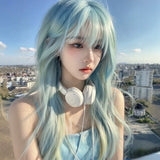 Load image into Gallery viewer, Forehead lace Internet celebrity mint blue wig women full head cover air bangs trendy long straight hair long hair universal cos