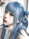 Load image into Gallery viewer, Mermaid blue wig female long hair new Qi bangs cute age reduction long straight hair Internet celebrity lolita full headgear