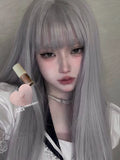 Load image into Gallery viewer, Live streaming host fog gray wig female Internet celebrity long straight hair daily lolita Japanese full head type vitality sweet cute