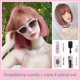 Load image into Gallery viewer, Short hair wig female Japanese hairstyle gradual change pink lolita girl Bobo head round face simulation wig cover summer