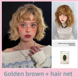 Load image into Gallery viewer, Japanese doll doll short curly hair cos dopamine fluffy Qi bangs golden brown short hair whole wig cover