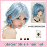 Load image into Gallery viewer, Japanese light blue short hair wig female outer warping layer Bobo head simulation scalp 2k Spice girl natural age reduction full head cover