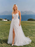 Load image into Gallery viewer, White Floral Bridal Gown, Spaghetti Strap Wedding Dress, High Slit Long Train Bridal Dress, Romantic Made to Measure Gown