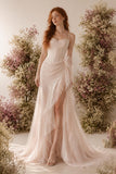 Load image into Gallery viewer, Blush Ruffle Formal Gown with Spaghetti Straps, High Slit Floor Length Dress for Wedding, Prom and Evening Events