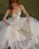 Load image into Gallery viewer, White Strapless Wedding Gown with Sweetheart Neckline, Full A-Line Skirt, Decorative Waist Detail and Train