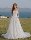 Load image into Gallery viewer, White Strapless Wedding Gown with Sweetheart Neckline, Full A-Line Skirt, Decorative Waist Detail and Train
