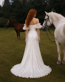 Load image into Gallery viewer, White Off Shoulder Bridal Gown with Ruffle Sleeves, Floral Detail, High Slit, Long Train Wedding Dress