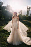 Load image into Gallery viewer, Ivory Off Shoulder Bridal Gown with Draped Sleeves, Fitted Bodice, Flowing Skirt and Dramatic Train