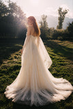 Load image into Gallery viewer, Ivory Off Shoulder Bridal Gown with Draped Sleeves, Fitted Bodice, Flowing Skirt and Dramatic Train