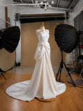 Load image into Gallery viewer, White One Shoulder Draped Wedding Gown with Sculptural Waist Bow