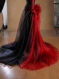 Load image into Gallery viewer, Black and Red One Shoulder Tulle Evening Gown with Sculptural Ruffle Detail