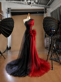 Load image into Gallery viewer, Black and Red One Shoulder Tulle Evening Gown with Sculptural Ruffle Detail