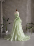 Load image into Gallery viewer, Light Green Strapless Formal Gown with Draped Bodice, Floral Waist Detail and Asymmetrical Flowing Skirt