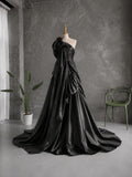 Load image into Gallery viewer, Black One Shoulder Formal Gown with Oversized Bow, Ruched Bodice and Dramatic Draped Silhouette