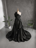 Load image into Gallery viewer, Black One Shoulder Formal Gown with Oversized Bow, Ruched Bodice and Dramatic Draped Silhouette