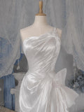 Load image into Gallery viewer, White One Shoulder Formal Gown with Ruched Bodice, Sculptural Side Bow and Asymmetrical Draped Silhouette