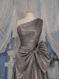 Load image into Gallery viewer, Silver One Shoulder Gown with Draped Bodice Oversized Bow High Slit Formal Evening Dress
