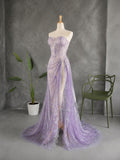 Load image into Gallery viewer, Lavender Strapless Gown with Sweetheart Neckline, Draped Hip Detail and High Slit Formal Evening Dress
