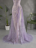 Load image into Gallery viewer, Lavender Strapless Gown with Sweetheart Neckline, Draped Hip Detail and High Slit Formal Evening Dress
