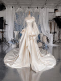 Load image into Gallery viewer, Ivory One Shoulder Wedding Gown with Floral Accent, Draped Bodice, Sculptural Ruffle Skirt and Statement Sleeve