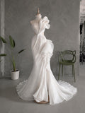 Load image into Gallery viewer, White Sculptural One Shoulder Gown Asymmetric Pleated Bridal Dress with Dramatic Ruffled Statement Silhouette