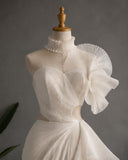 Load image into Gallery viewer, Ivory Sculptural Pleated Wedding Gown with Sweetheart Bodice, Asymmetric Ruffle Shoulder and Cutout Waist