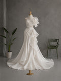 Load image into Gallery viewer, Ivory Sculptural Pleated Wedding Gown with Sweetheart Bodice, Asymmetric Ruffle Shoulder and Cutout Waist