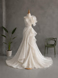 Load image into Gallery viewer, Ivory Sculptural Pleated Wedding Gown with Sweetheart Bodice, Asymmetric Ruffle Shoulder and Cutout Waist