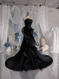 Load image into Gallery viewer, Black Strapless Sculptural Pleated Gown Asymmetric Statement Evening Dress for Gala Formal Event