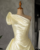Load image into Gallery viewer, Yellow One Shoulder Draped Gown with Sculptural Shoulder Detail and Ruched Formal Silhouette