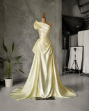 Load image into Gallery viewer, Yellow One Shoulder Draped Gown with Sculptural Shoulder Detail and Ruched Formal Silhouette