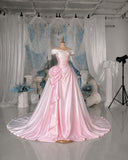 Load image into Gallery viewer, Blush Pink Off Shoulder Ball Gown with Ruched Bodice and Sculptural Hip Draping Formal Evening Dress