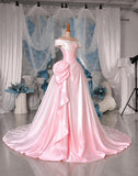 Load image into Gallery viewer, Blush Pink Off Shoulder Ball Gown with Ruched Bodice and Sculptural Hip Draping Formal Evening Dress