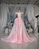 Load image into Gallery viewer, Blush Pink Off Shoulder Ball Gown with Ruched Bodice and Sculptural Hip Draping Formal Evening Dress