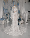 Load image into Gallery viewer, White Asymmetric Cutout Long Sleeve Gown, Crossover Neckline Bridal Dress, Draped Formal Wedding Gown