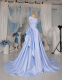 Load image into Gallery viewer, Light Blue One Shoulder Gown with Ruched Bodice and Oversized Rosette Formal Dress