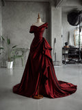 Load image into Gallery viewer, Burgundy Off Shoulder Gown, Asymmetric Draped Formal Dress, Full Length Evening Gown, Made to Measure
